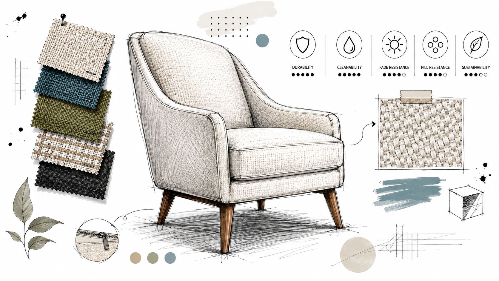 A conceptual design sketch of an accent chair with various fabric swatches and technical performance ratings.
