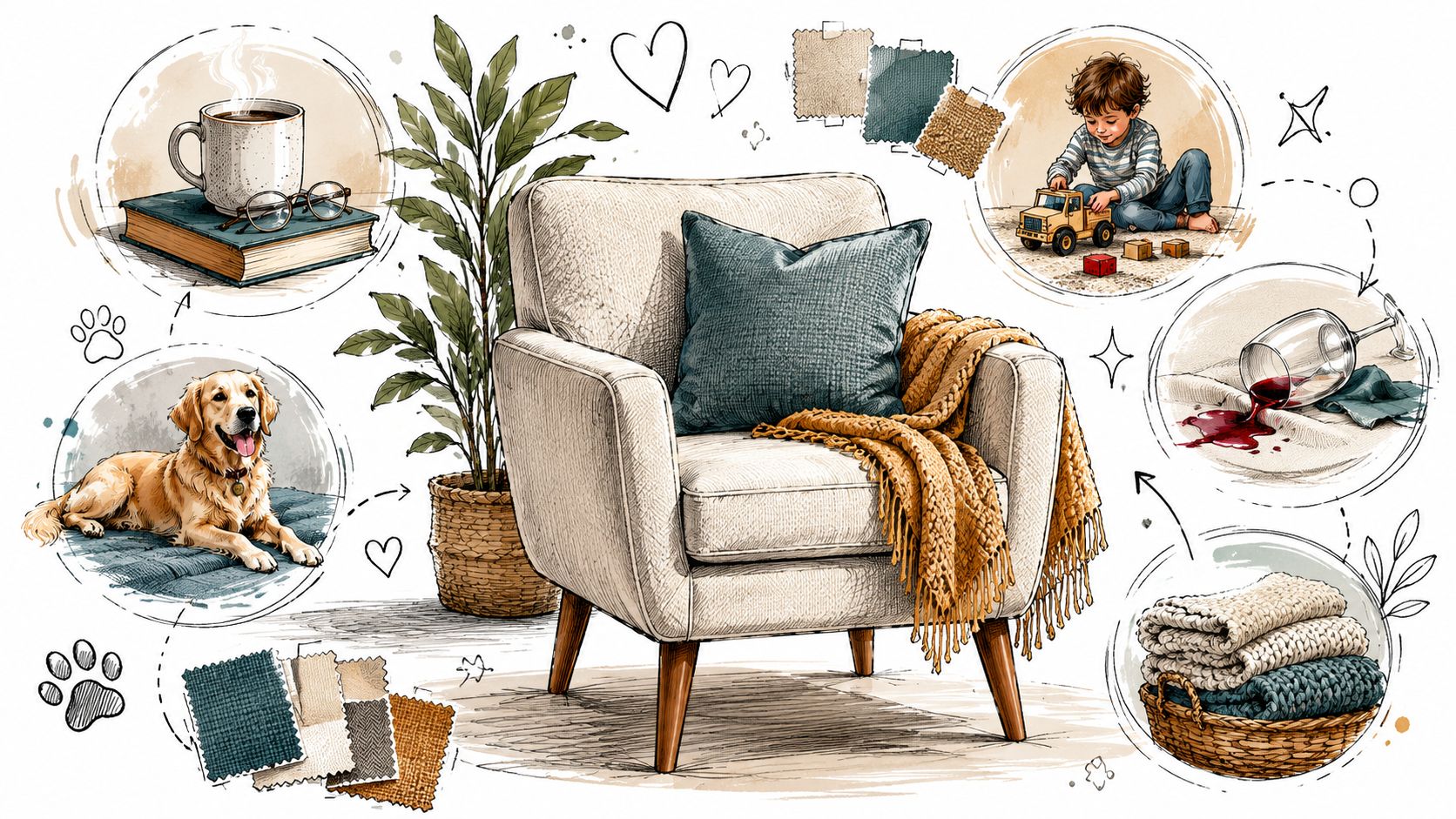 An accent chair surrounded by illustrations of fabric samples, a pet dog, coffee, and daily living accidents.