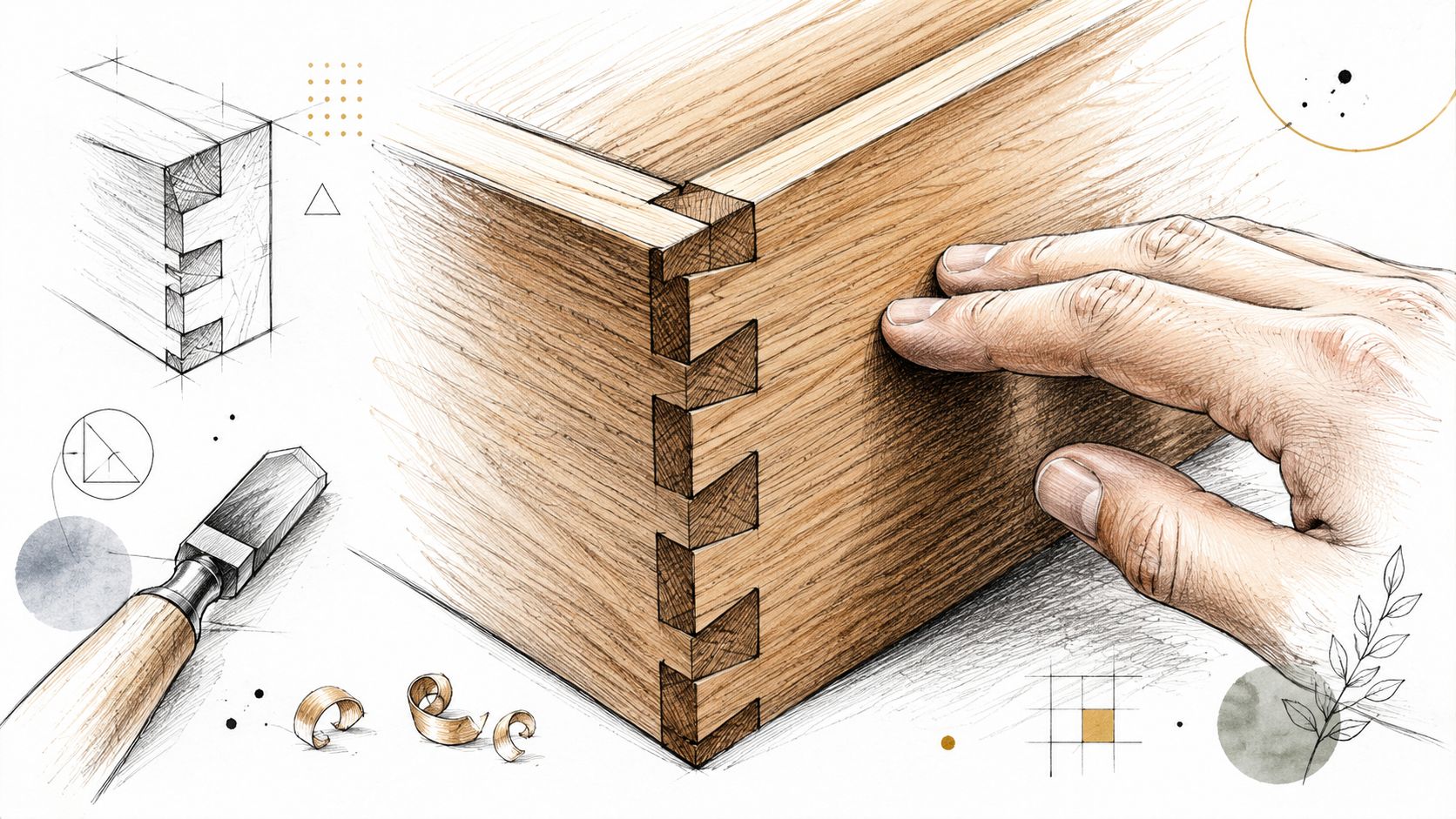 A detailed pencil sketch of a hand crafting an American made furniture dovetail joint with woodworking tools.
