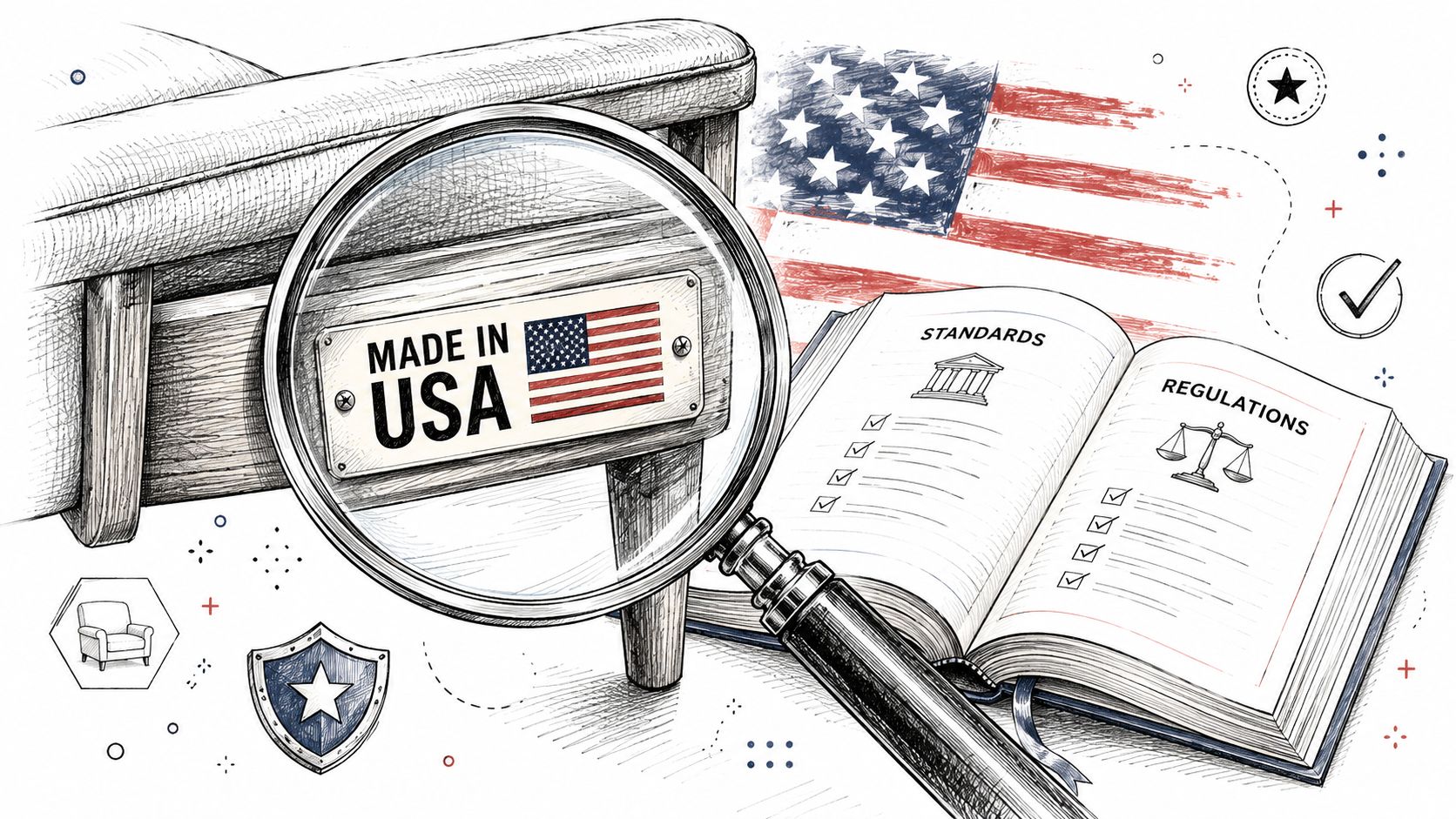A magnifying glass inspecting a Made in USA tag on wooden furniture beside a regulations book.