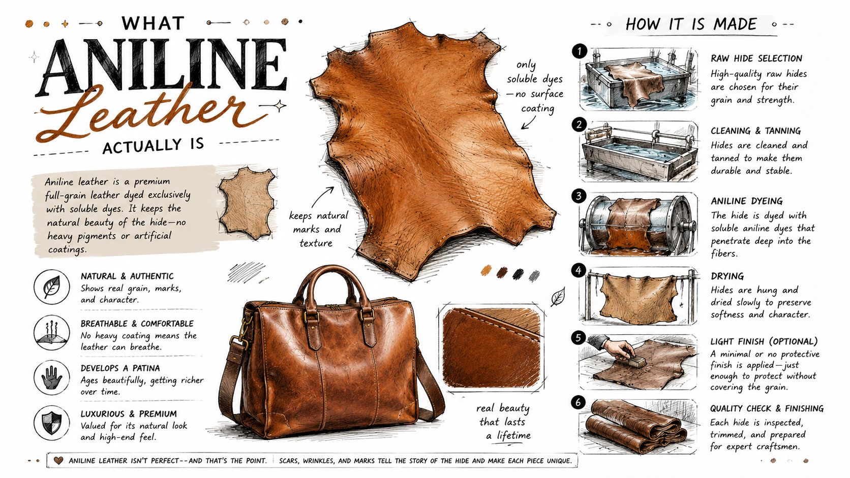 An infographic illustrating the characteristics, benefits, and step-by-step manufacturing process of premium full-grain aniline leather products.