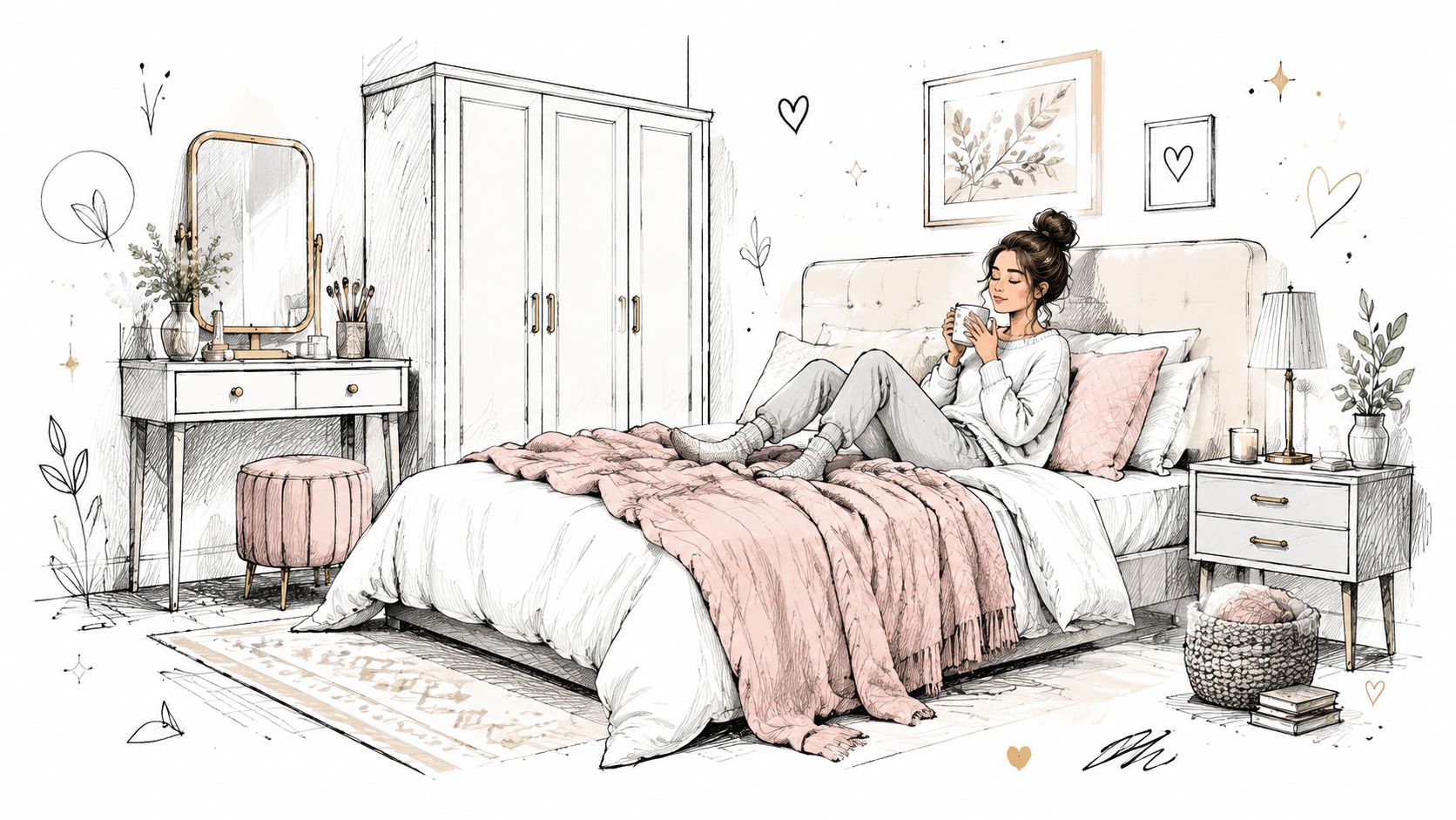 A cozy, hand-drawn sketch of a stylish bedroom featuring a bed, wardrobe, vanity, and relaxed woman.