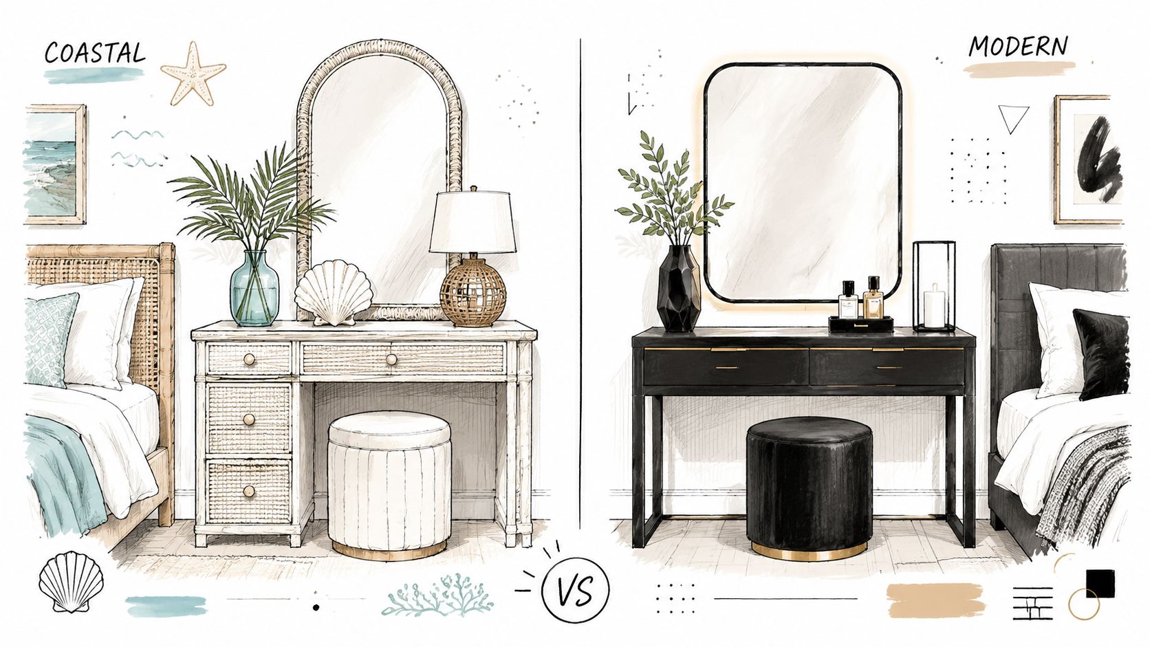An illustration comparing coastal and modern bedroom furniture designs, each featuring a vanity, mirror, and bed set.