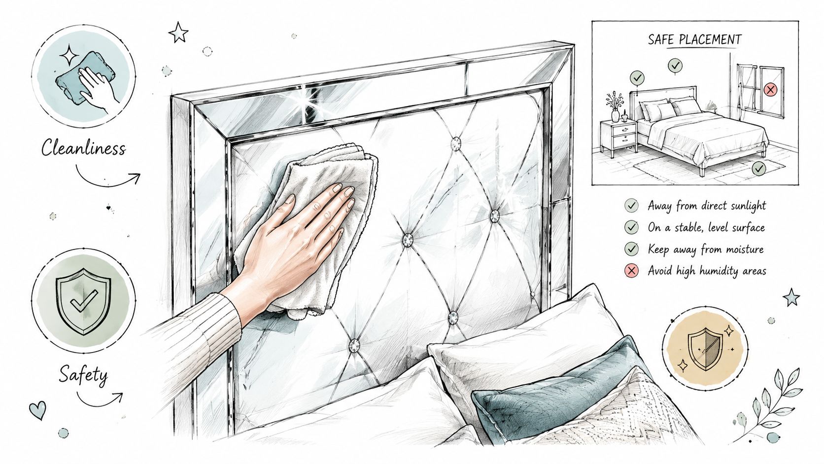 A sketched infographic demonstrating how to clean and safely place a mirrored tufted headboard in a bedroom.