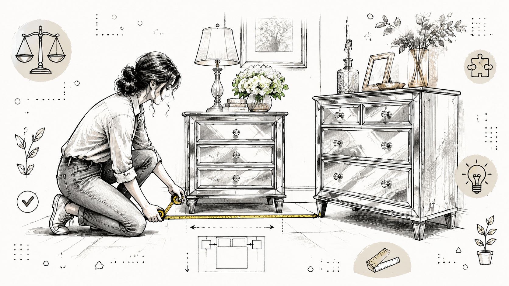 A woman kneels on the floor using a measuring tape to measure space for a bedroom set.