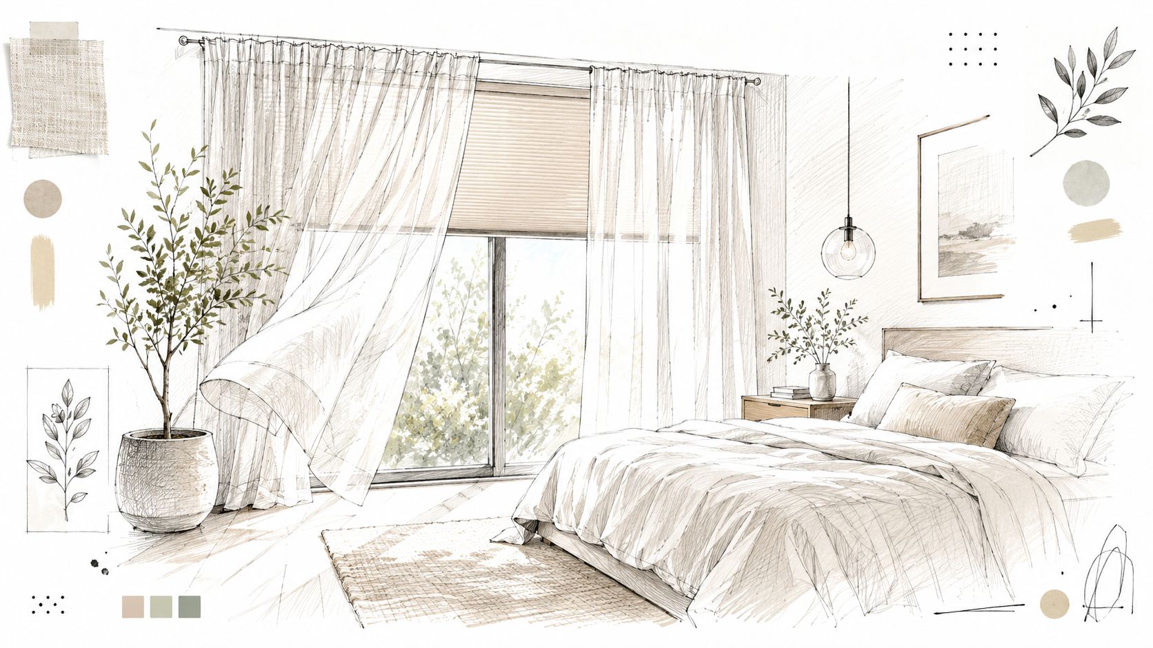 A pencil sketch of a serene, modern bedroom featuring sheer curtains, a potted plant, and cozy bedding.