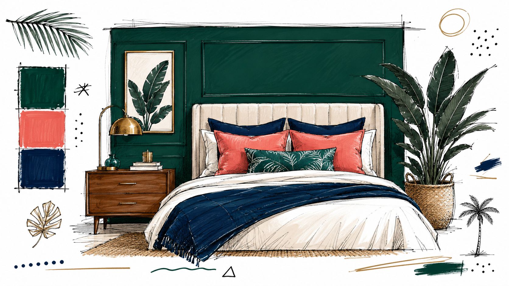 A digital sketch of a modern tropical bedroom design featuring green walls and botanical decor accents.