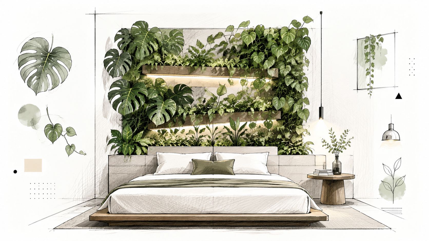 A sophisticated bedroom design featuring a lush vertical indoor garden wall behind a low wooden bed frame.