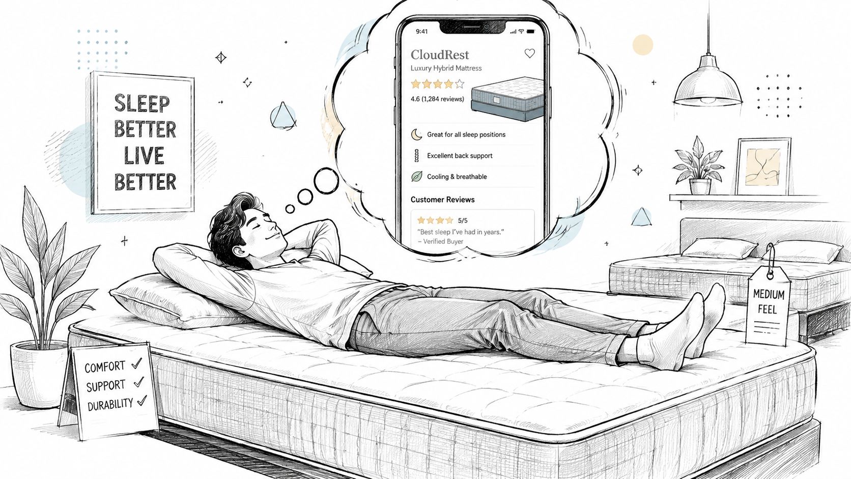 A person lying comfortably on a mattress while thinking about purchasing a high-quality hybrid bed online.