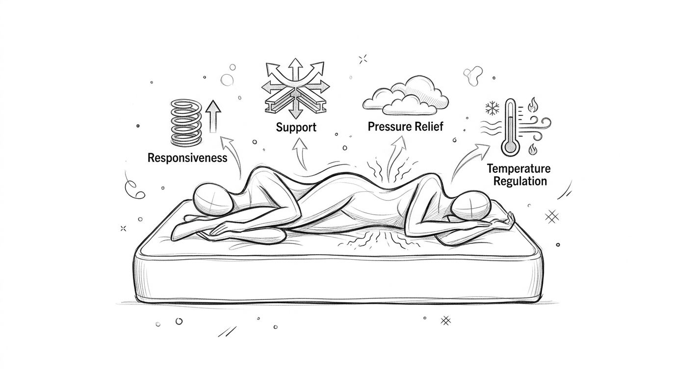 A diagram illustrating mattress features including responsiveness, support, pressure relief, and temperature regulation for two sleeping people.