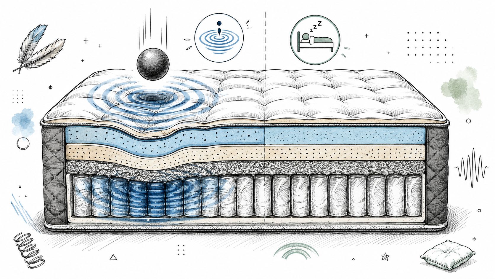 A cutaway illustration of a mattress showing motion isolation technology with a sphere dropping on one side.