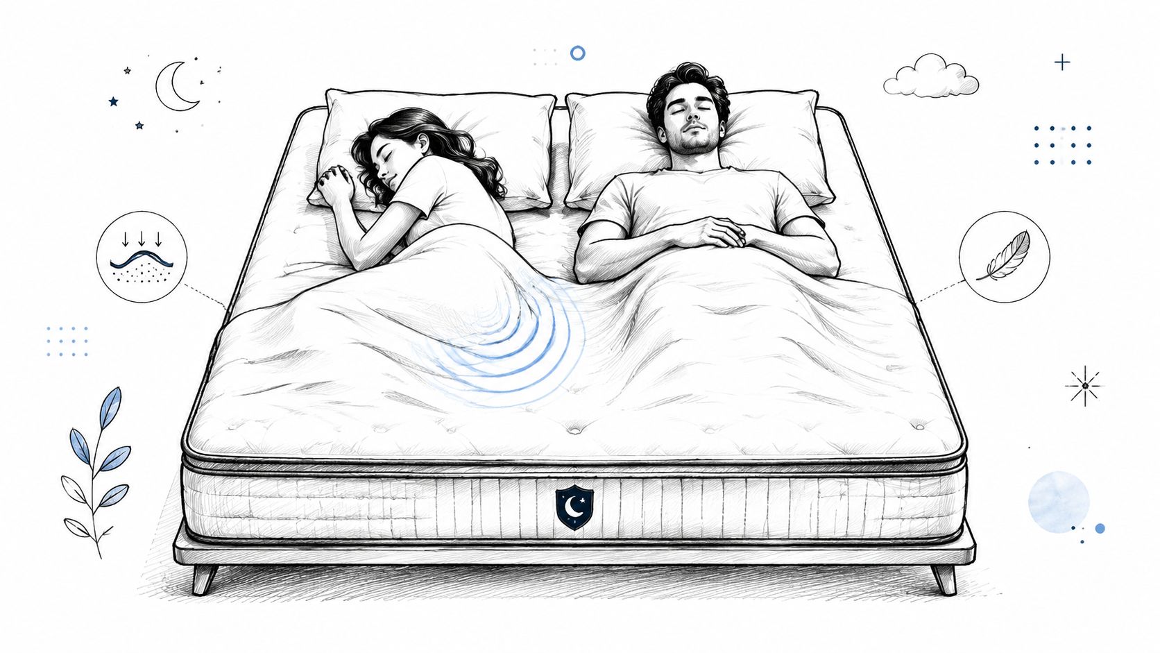 A couple sleeping peacefully on a comfortable mattress illustrating superior motion isolation for undisturbed rest.