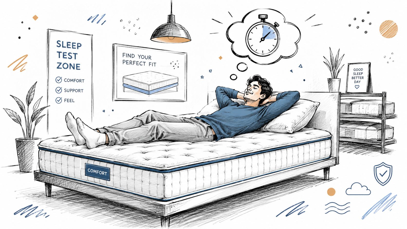 A man relaxing on a comfortable mattress in a sleep test zone store environment.