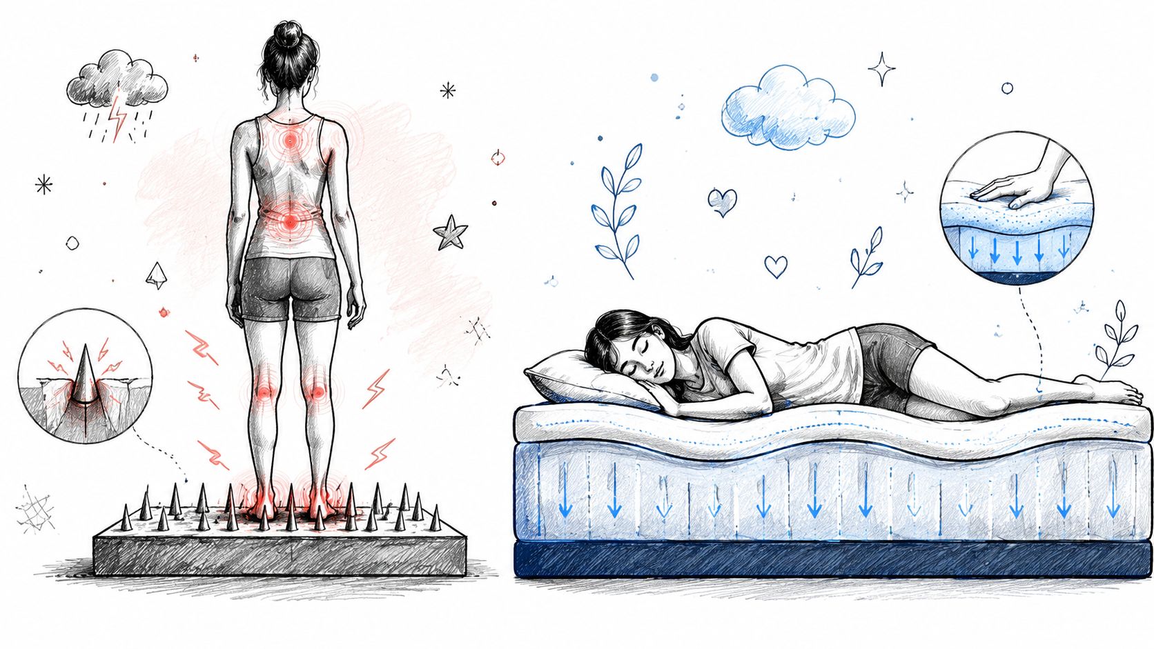 A split image contrasting physical discomfort on a bed of spikes versus comfort on a supportive mattress.