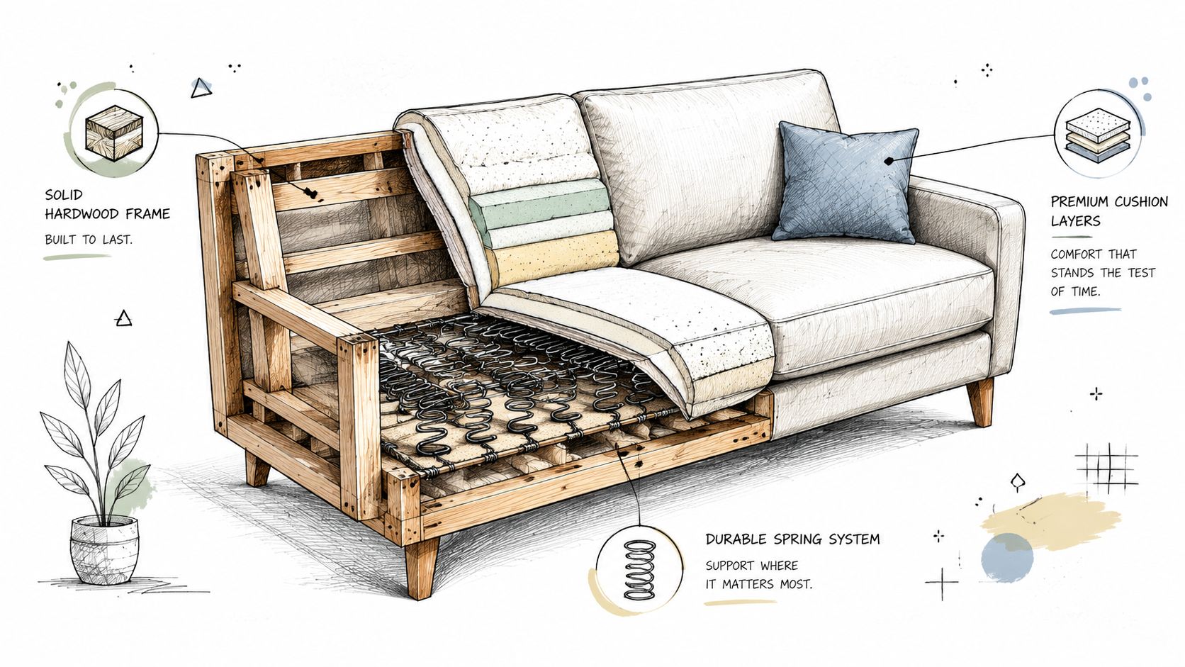 A detailed technical illustration showing the internal structure, wooden frame, and spring system of a couch.