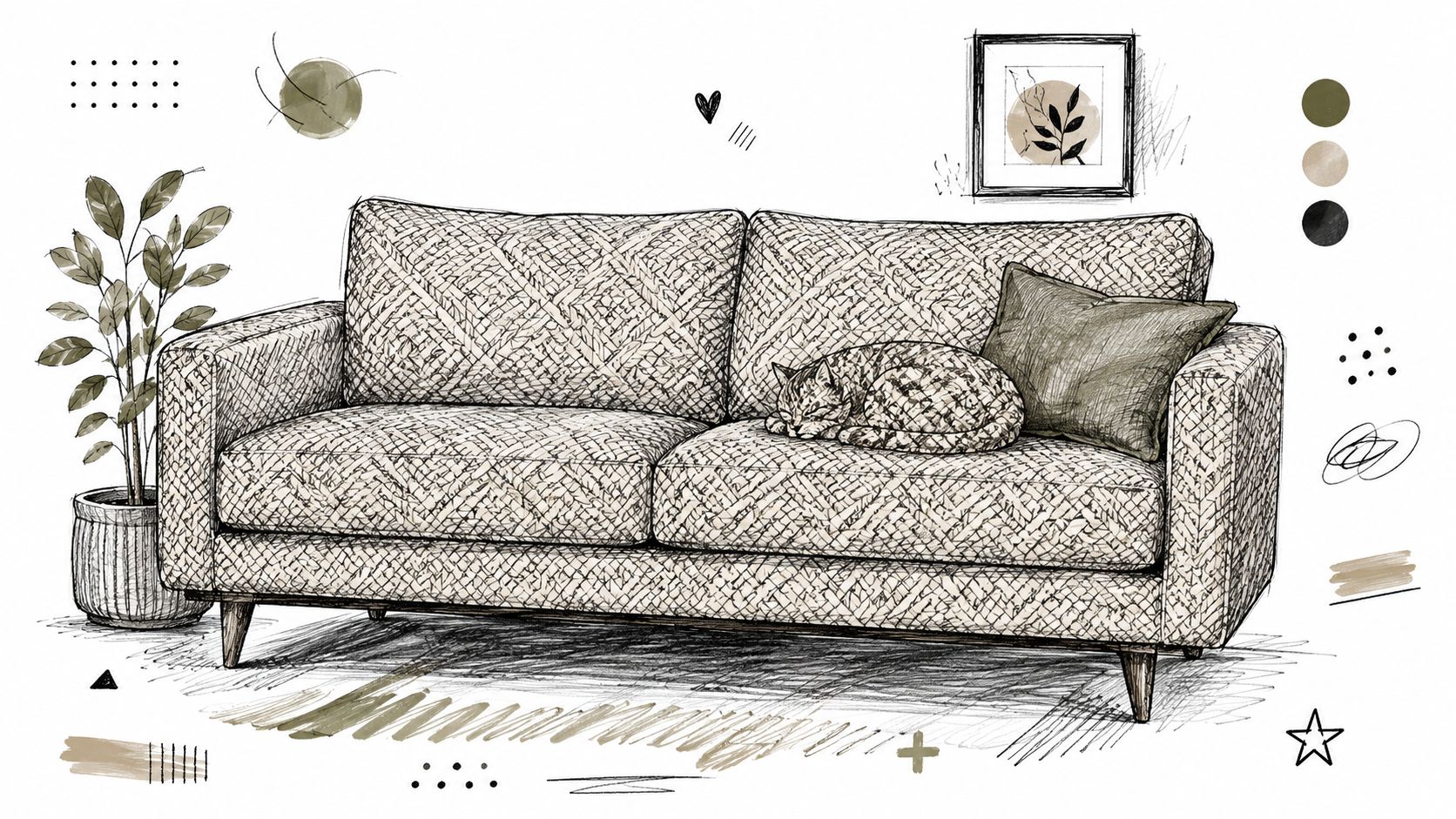 A line art sketch of a patterned sofa with a sleeping cat and a decorative throw pillow.