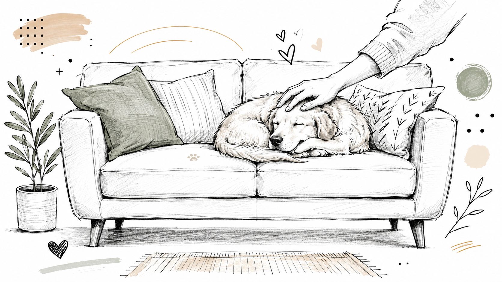 A hand gently petting a peaceful dog sleeping on a comfortable couch in a cozy home setting.