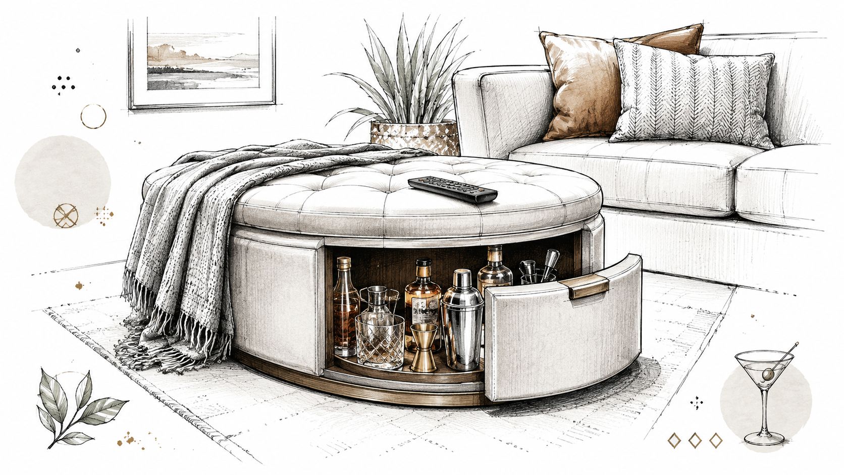 A sophisticated round tufted ottoman with a built-in hidden cocktail bar drawer, featuring bottles and barware.
