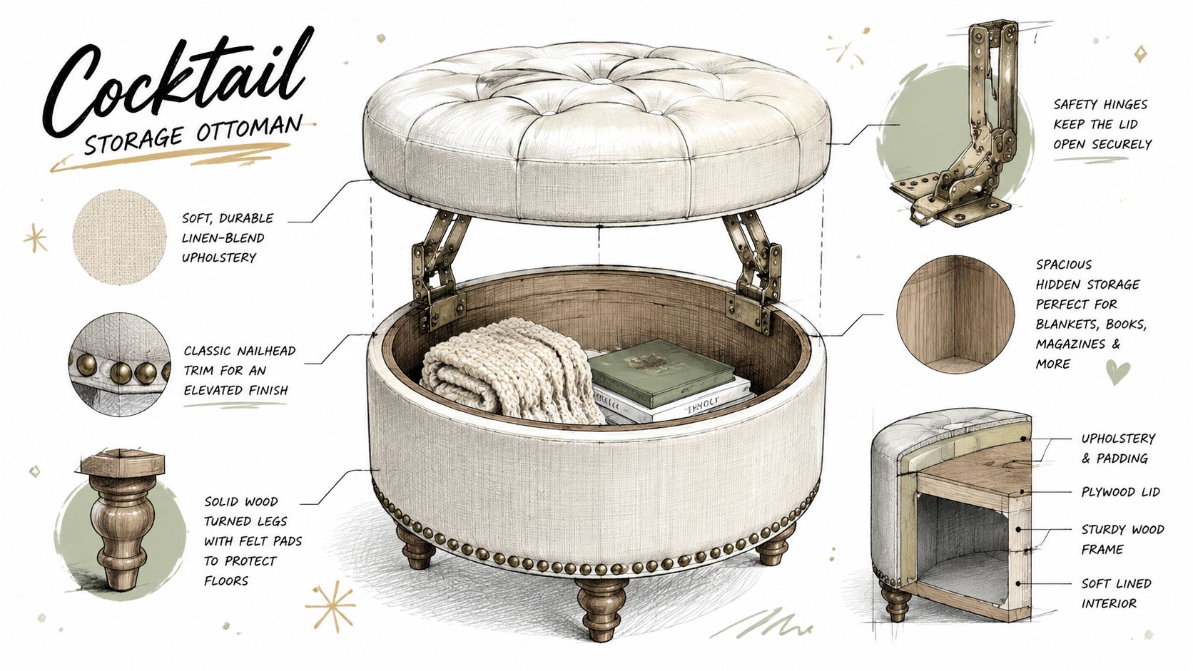 A detailed technical drawing of a round beige tufted cocktail storage ottoman with open lid showing interior.