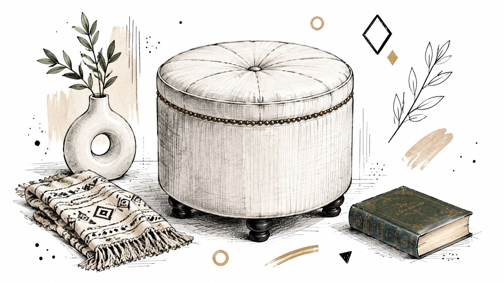 A pencil sketch of a round, tufted cocktail storage ottoman featuring decorative nailhead trim and dark wooden feet.