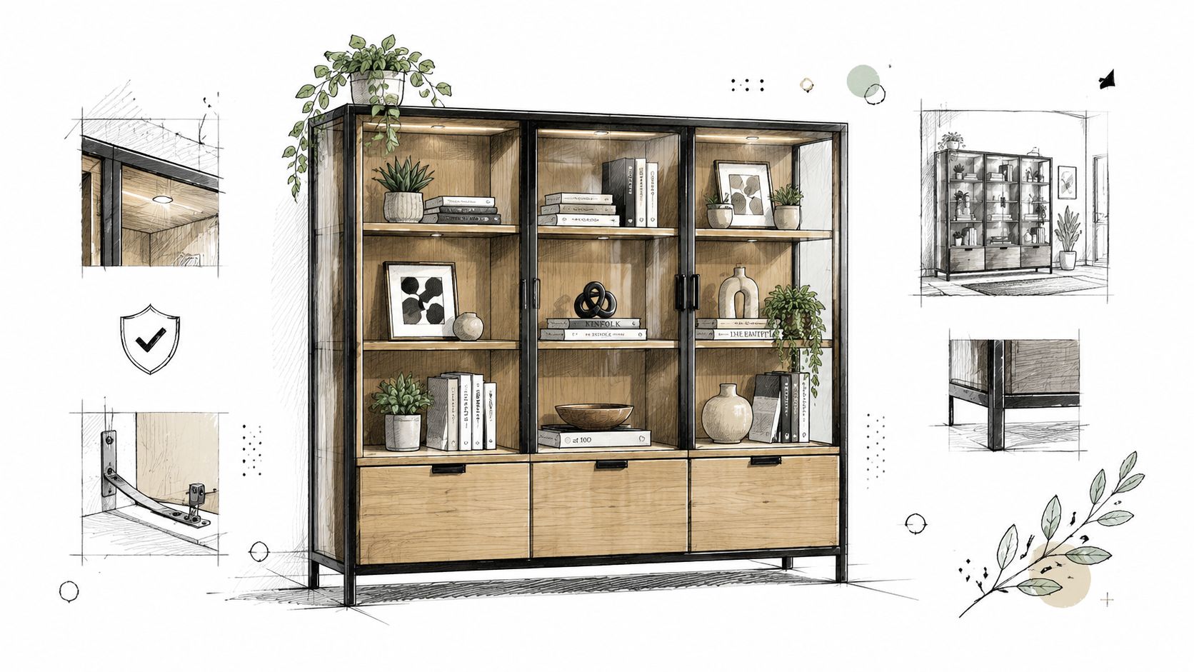A detailed architectural sketch of a modern wooden china cabinet with metal frames and glass shelves.