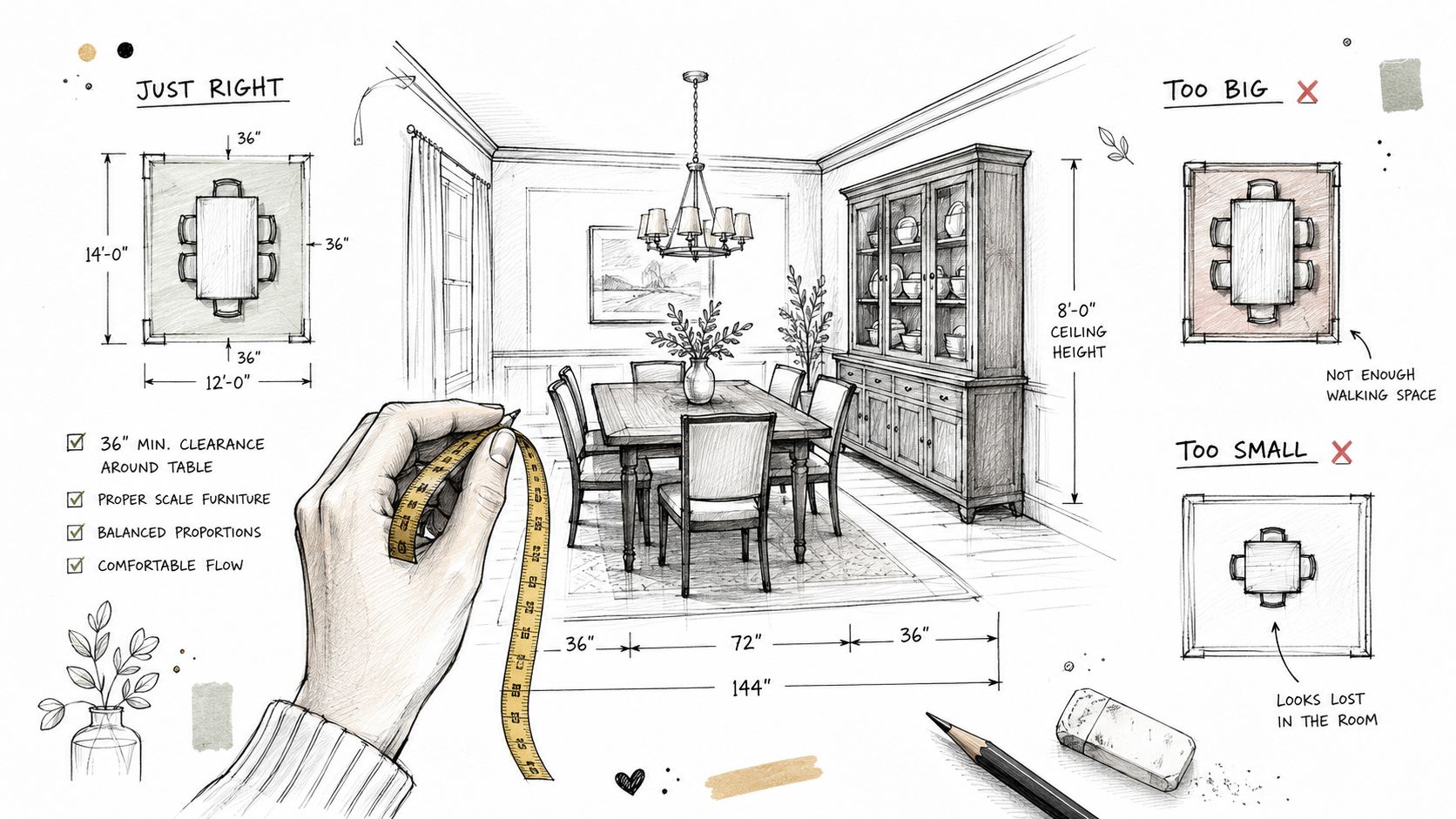 A hand holding a measuring tape illustrates proper dining room layout guidelines for rug and table sizes.