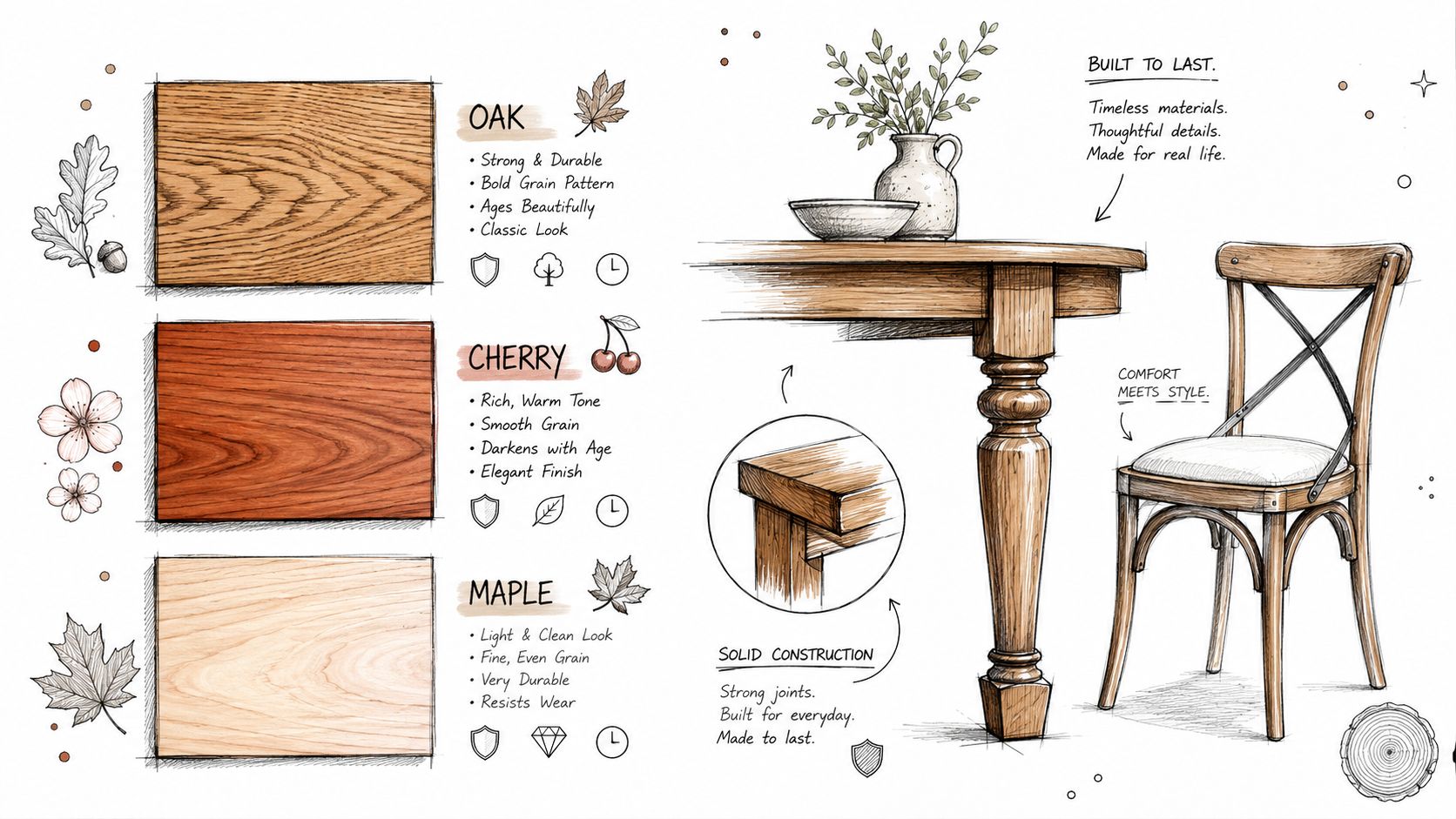 A visual guide comparing oak, cherry, and maple wood types for high-quality solid wood dining room furniture.