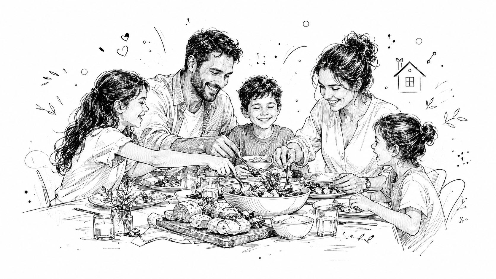 A black and white line art illustration of a happy family eating a healthy meal together.