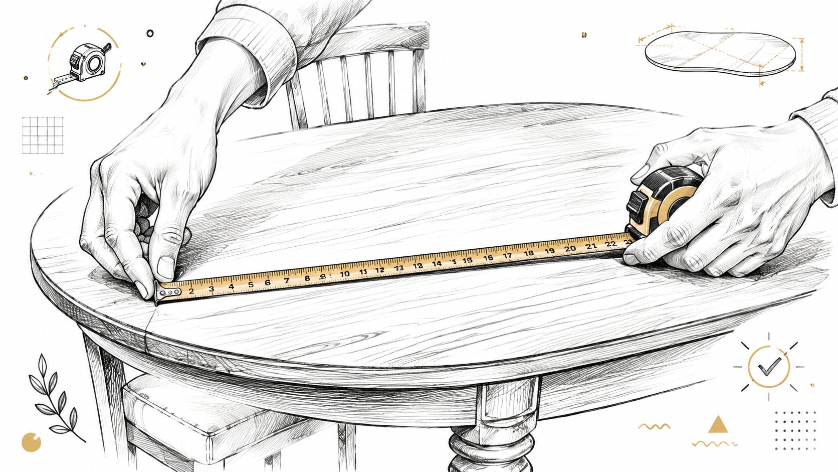 A hand-drawn illustration showing someone measuring a round wooden dining room table with a measuring tape.