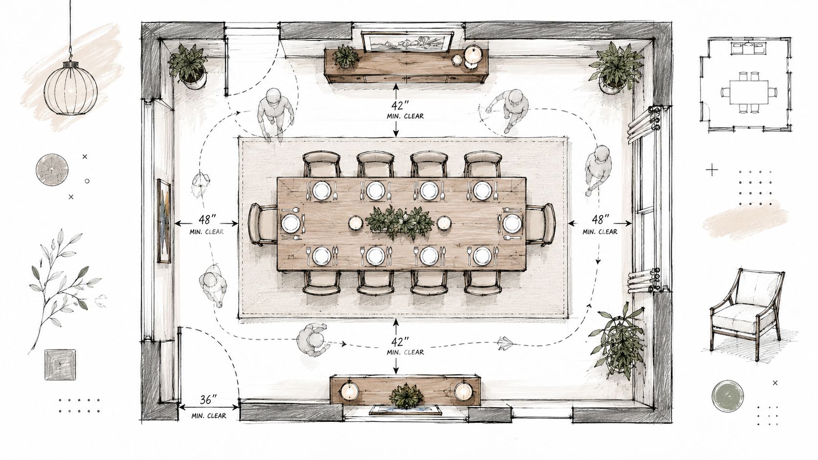 A detailed interior design floor plan layout for a dining room with a large table for ten.