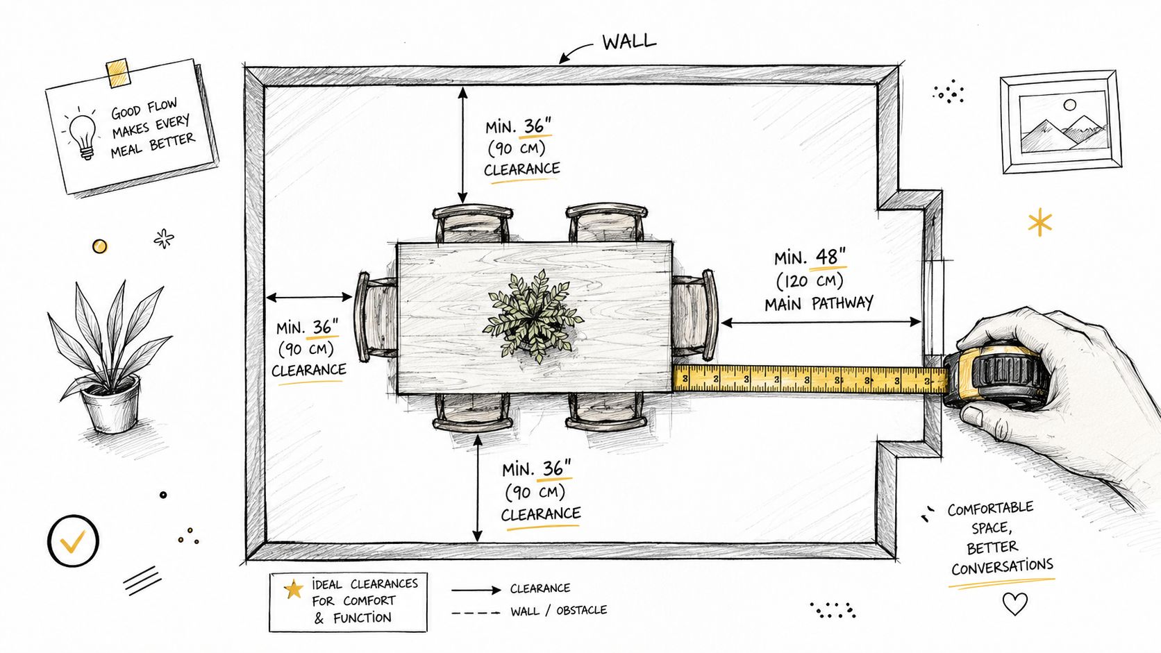 A diagram illustrating ideal dining room layout measurements, including clearance distances and pathways for comfortable furniture placement.