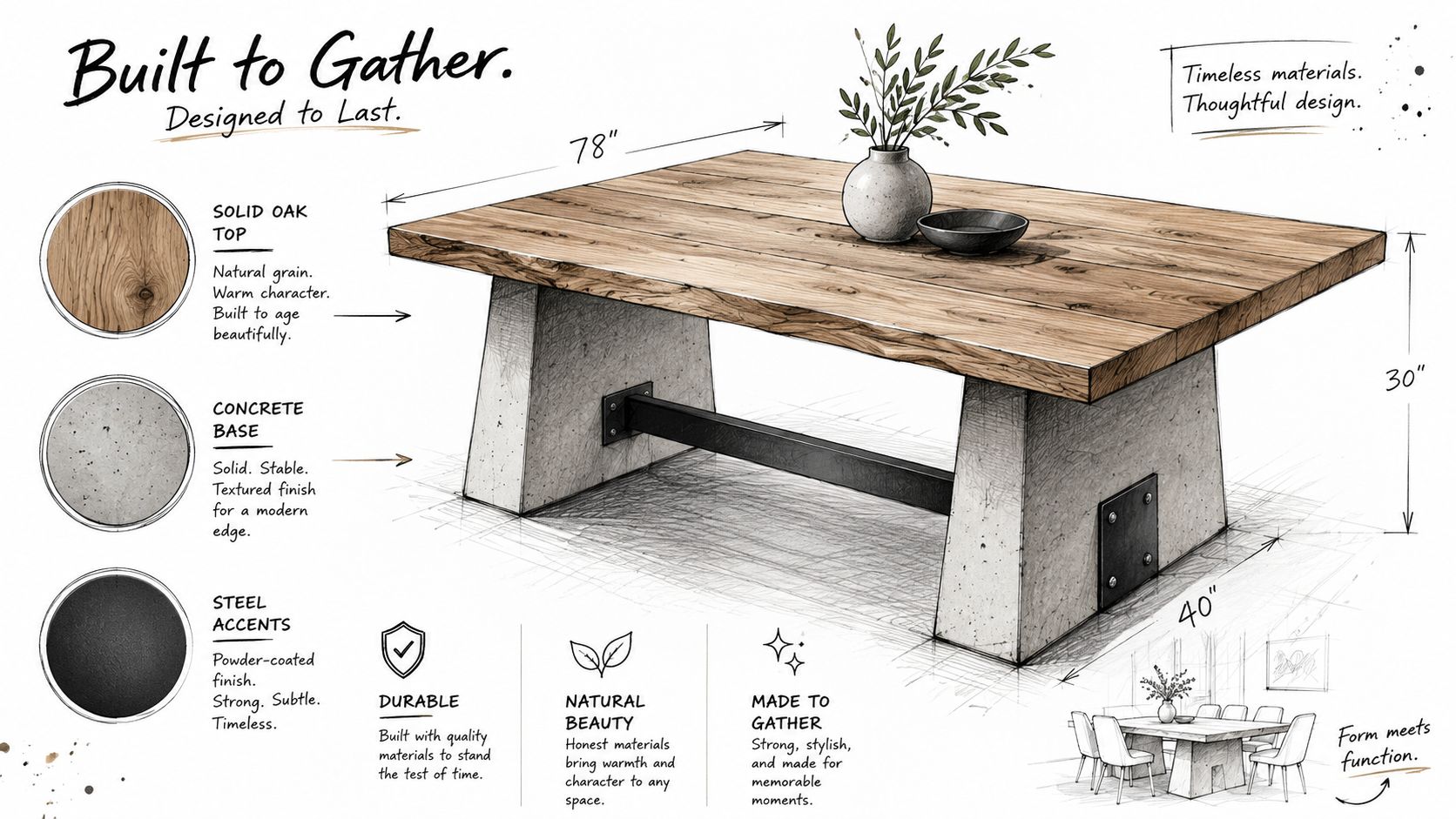 A detailed technical sketch of a dining table featuring a solid oak top and concrete base.