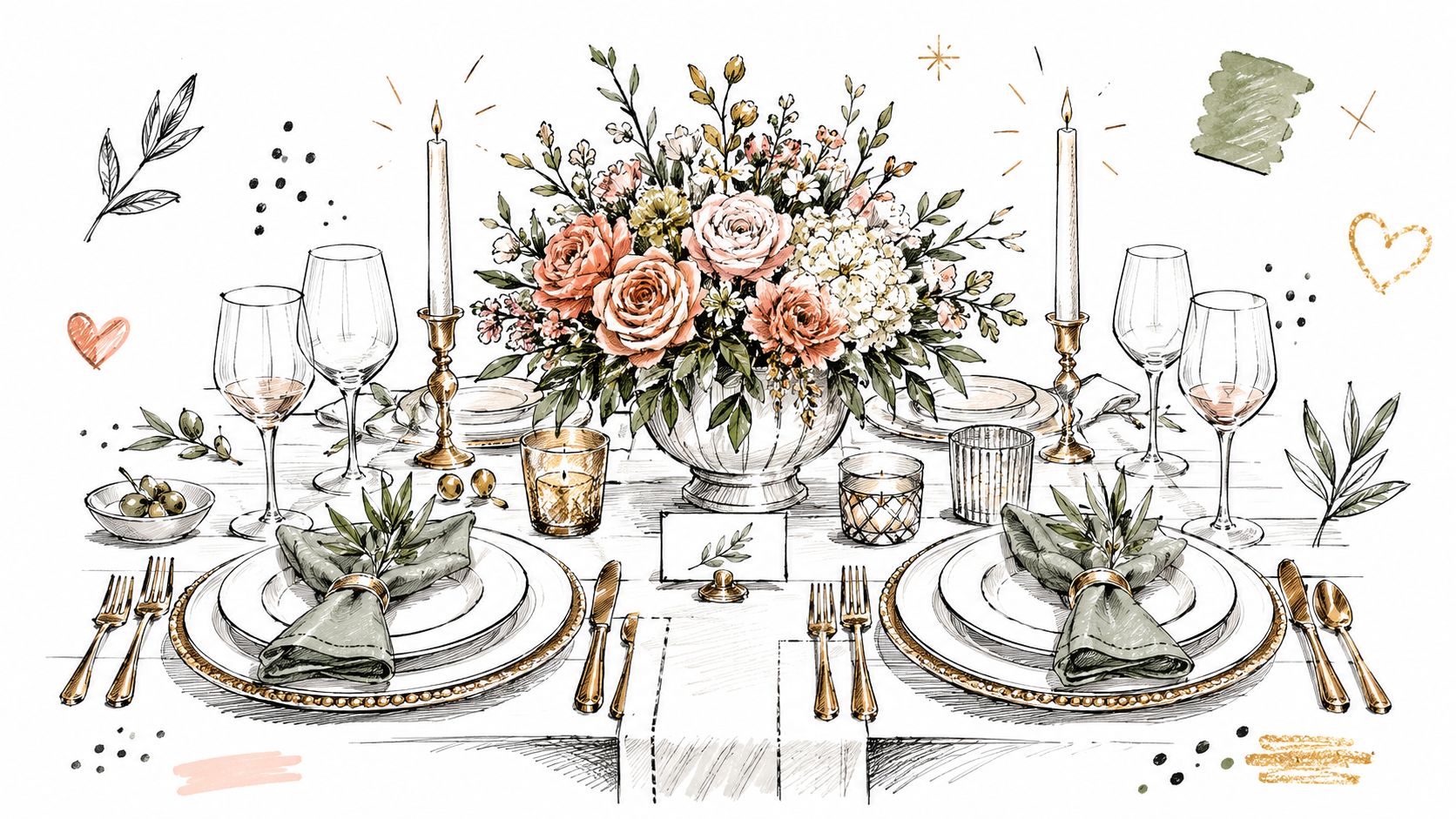 A beautifully illustrated dinner table setting with floral centerpiece, candles, wine glasses, plates, and decorative place cards.