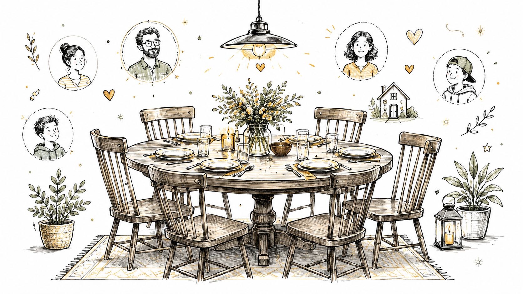 A hand-drawn sketch of a round wooden dining table surrounded by chairs, decorated with plants and flowers.