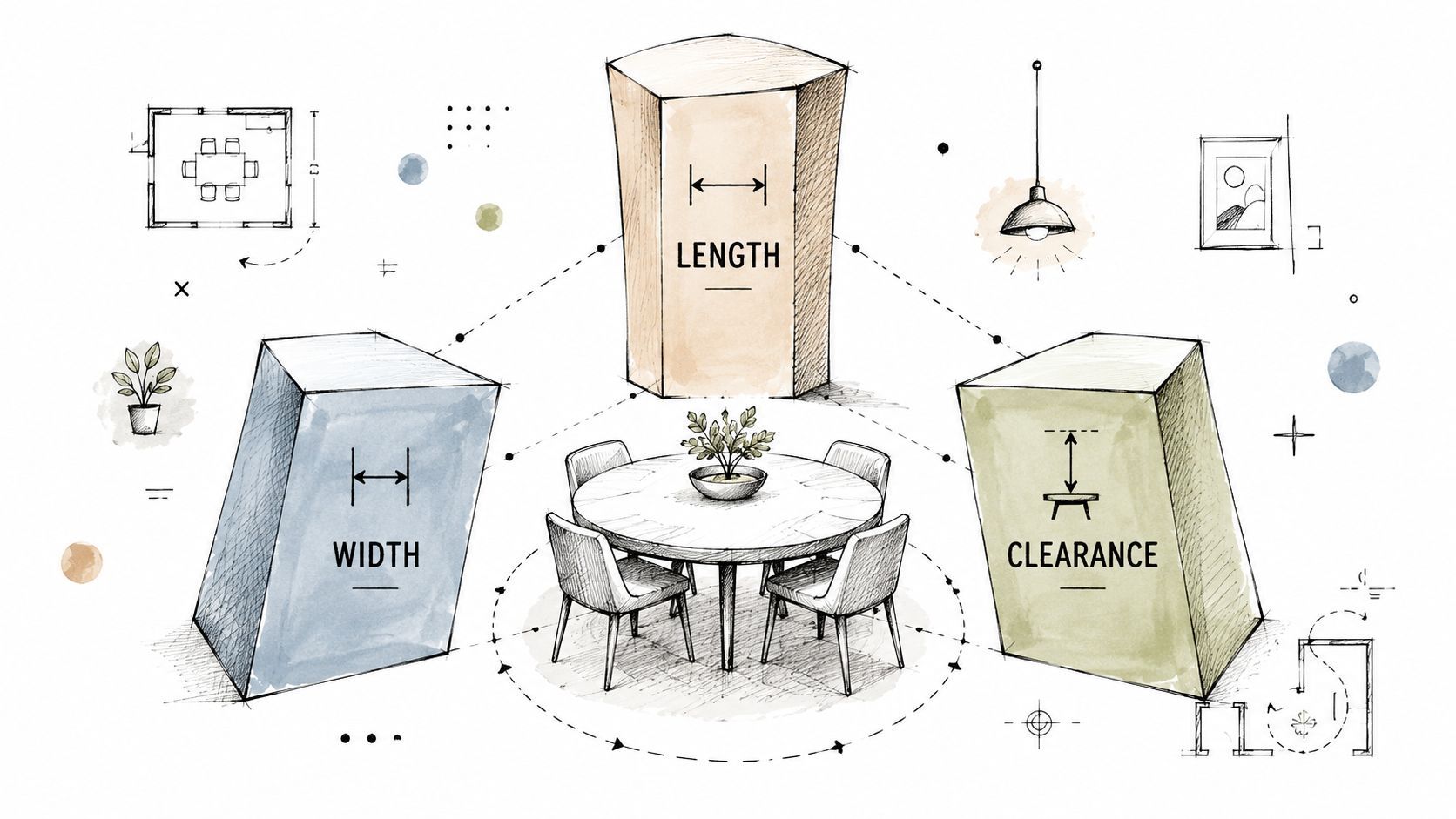 A helpful dining table size guide featuring various seating capacities for rectangular, round, and square tables.