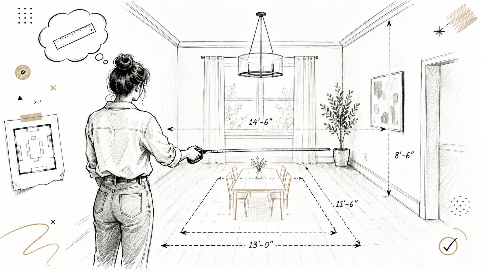 A woman sketching a room layout with a tape measure to determine the ideal dining table size.