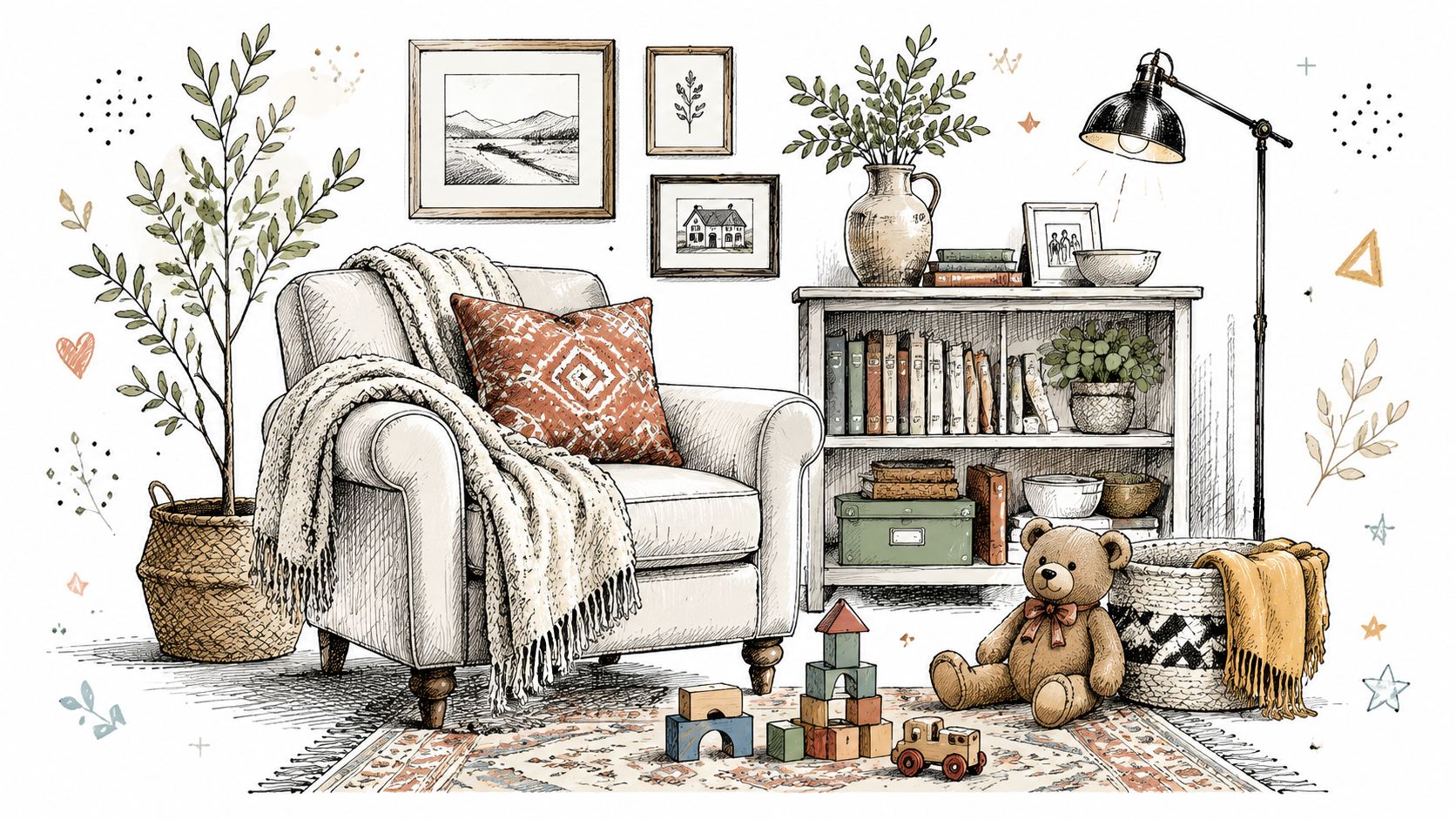 A cozy, sketch-style living room illustration featuring a comfy armchair, a bookshelf, toys, and indoor plants.