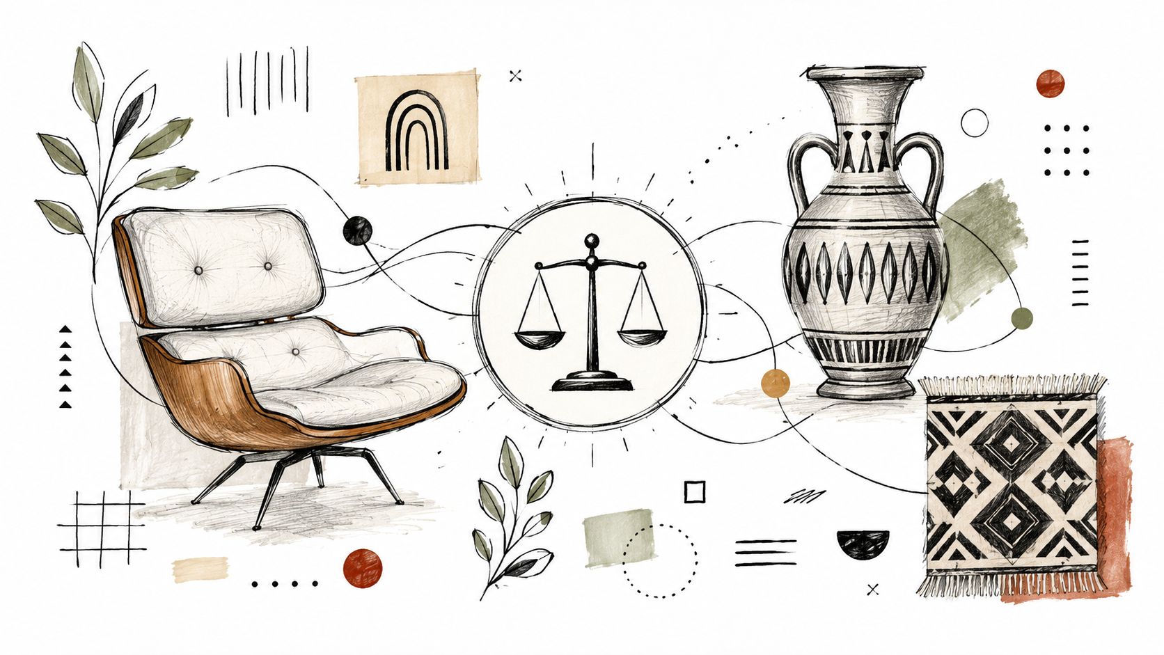 A curated artistic collage featuring an Eames style lounge chair, classical vase, and scales of justice.