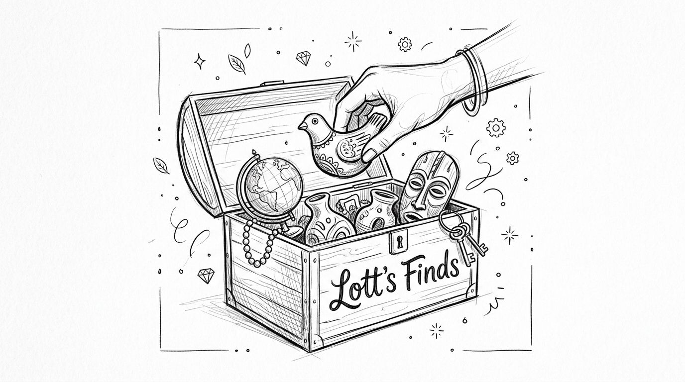 A hand placing a decorative bird figurine into a wooden treasure chest labeled Lott's Finds.