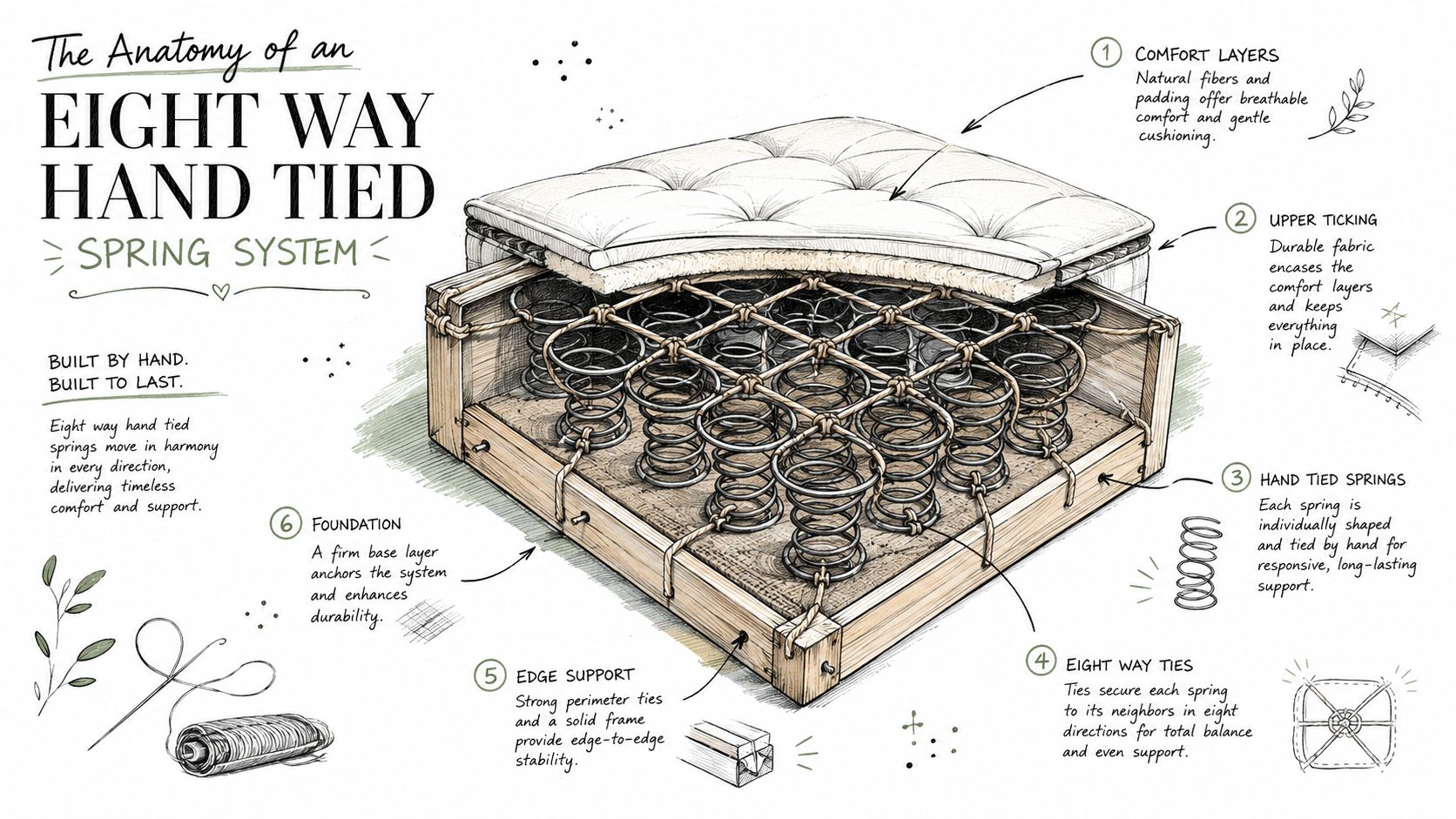 A diagram illustrating the anatomy of an eight-way hand-tied spring system used in quality furniture construction.