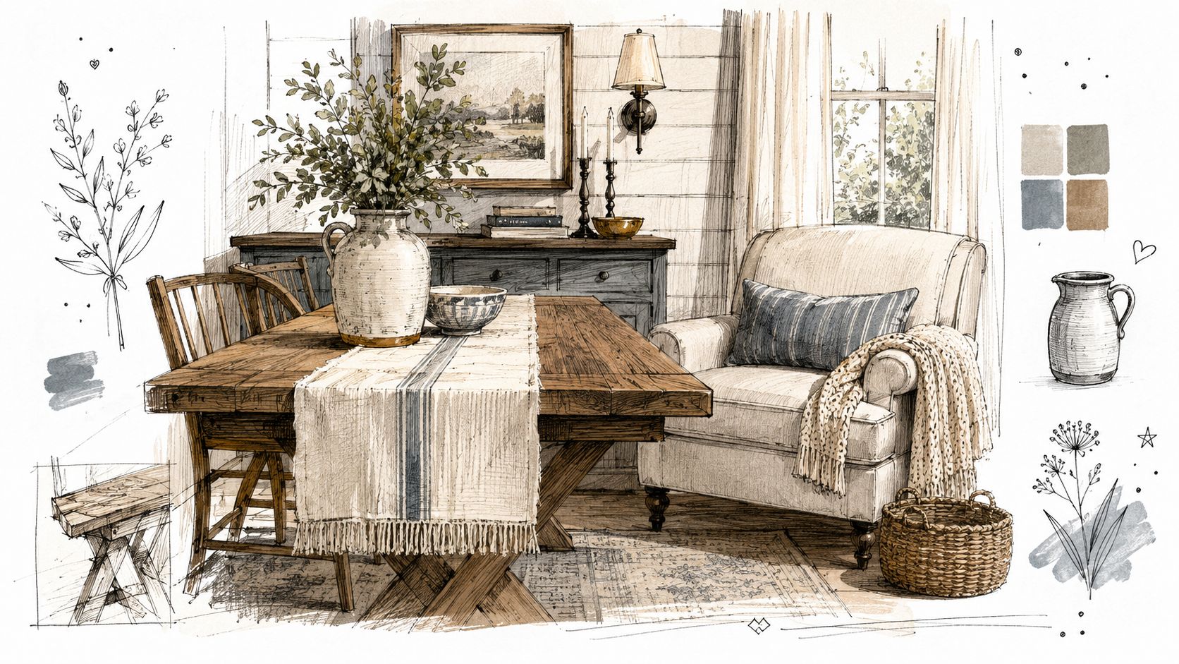 A detailed interior sketch showcasing a cozy farmhouse dining area with neutral colors and rustic wooden furniture.