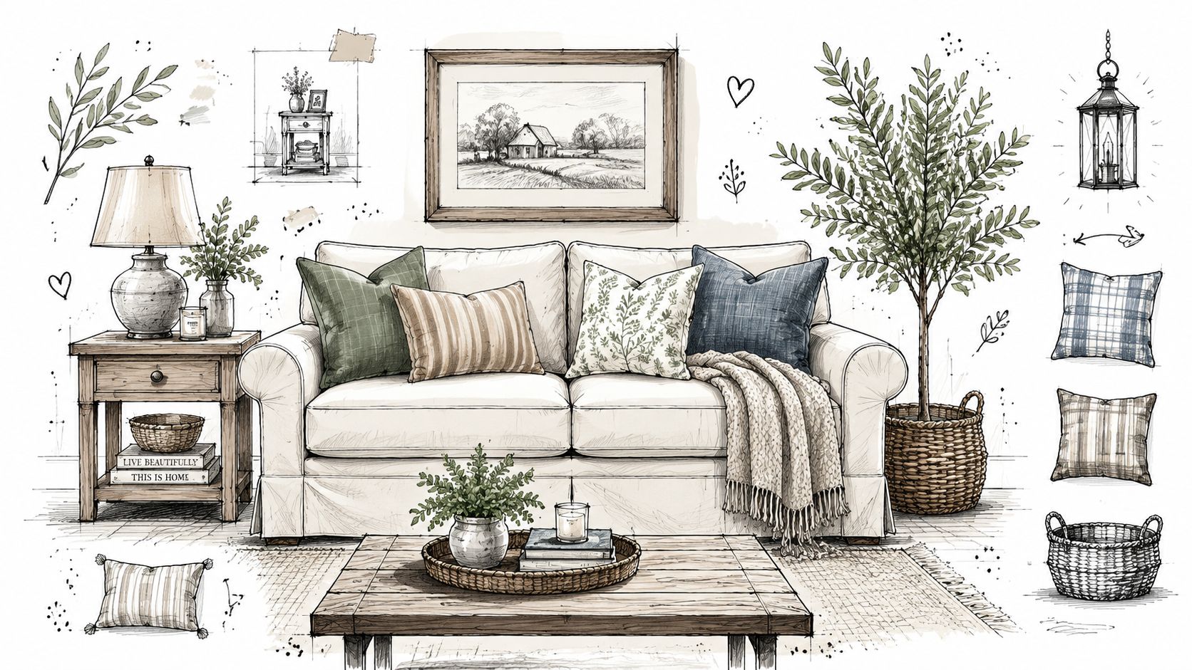 A sketched illustration of a cozy farmhouse style living room featuring a comfortable white couch and decor.