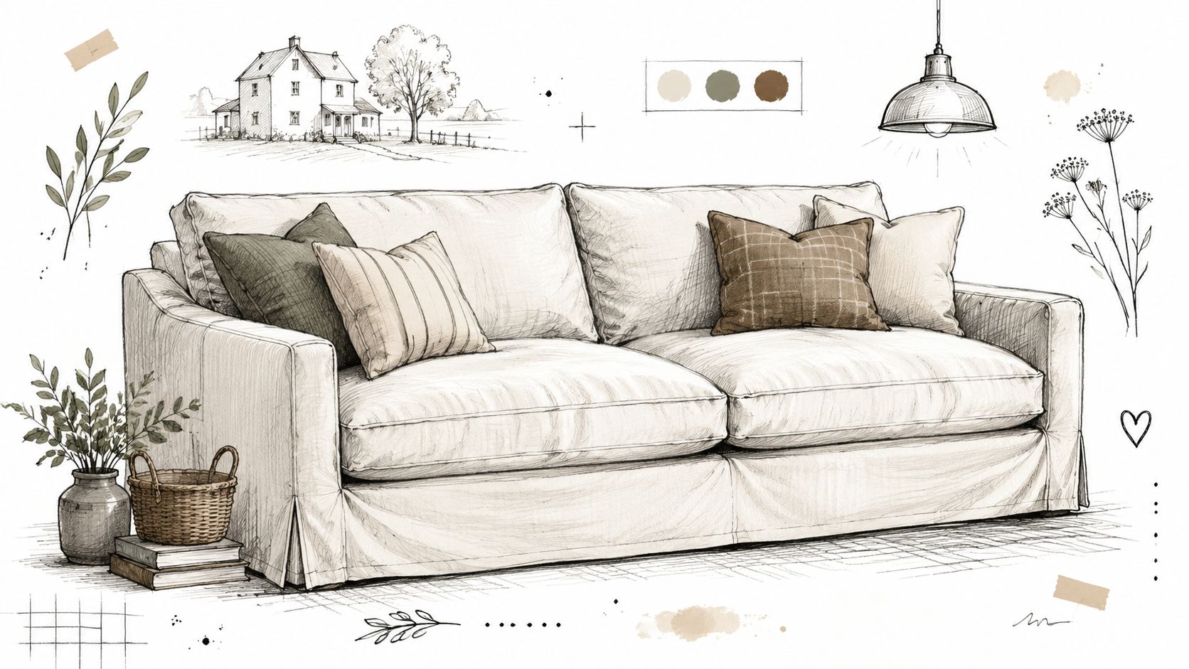 A detailed pencil sketch of a cozy farmhouse style couch with throw pillows and rustic decor accents.
