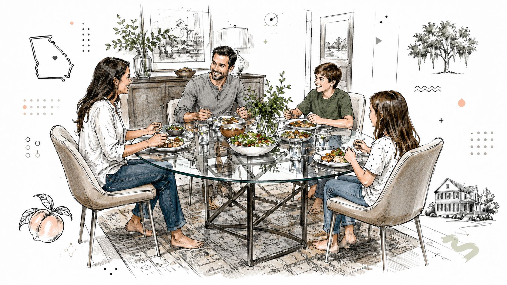 A family of four enjoying a healthy meal together around a modern glass top dining table.