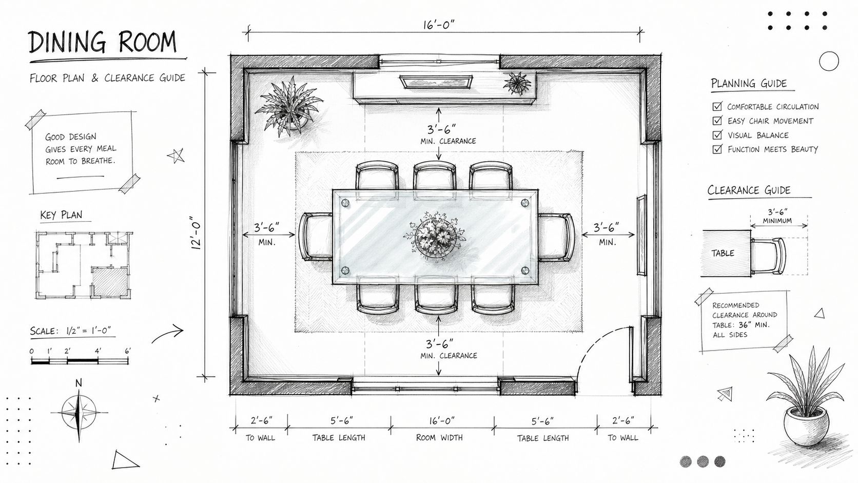 A detailed architectural floor plan illustration of a dining room featuring a central glass top dining table.