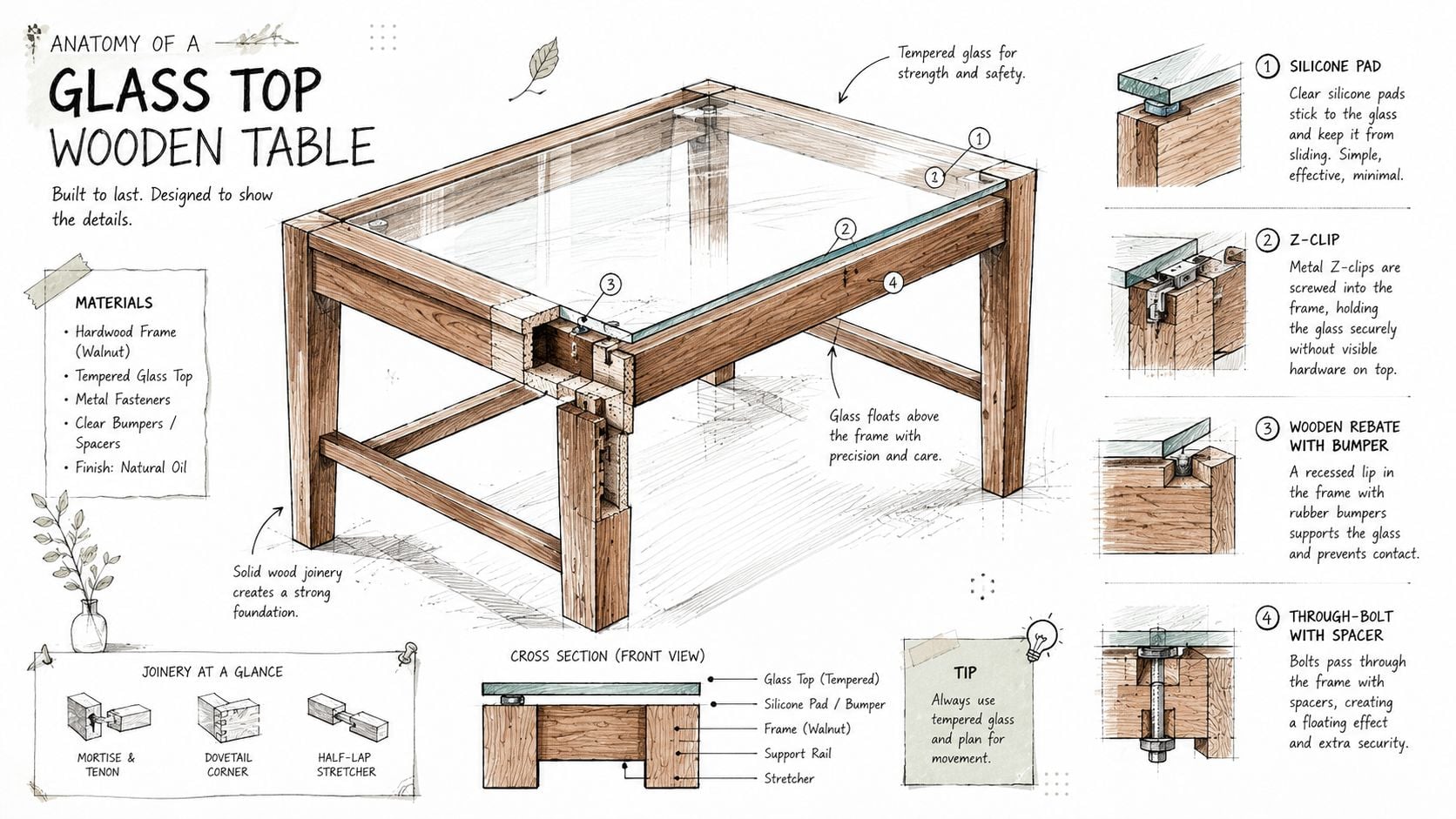 An illustrated diagram detailing the construction, joinery, and hardware used for a glass top wooden table.