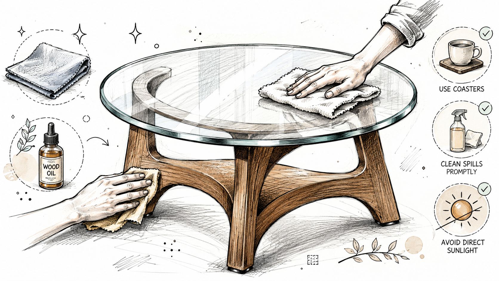 A detailed illustration showing proper maintenance and cleaning tips for a glass top wooden coffee table.