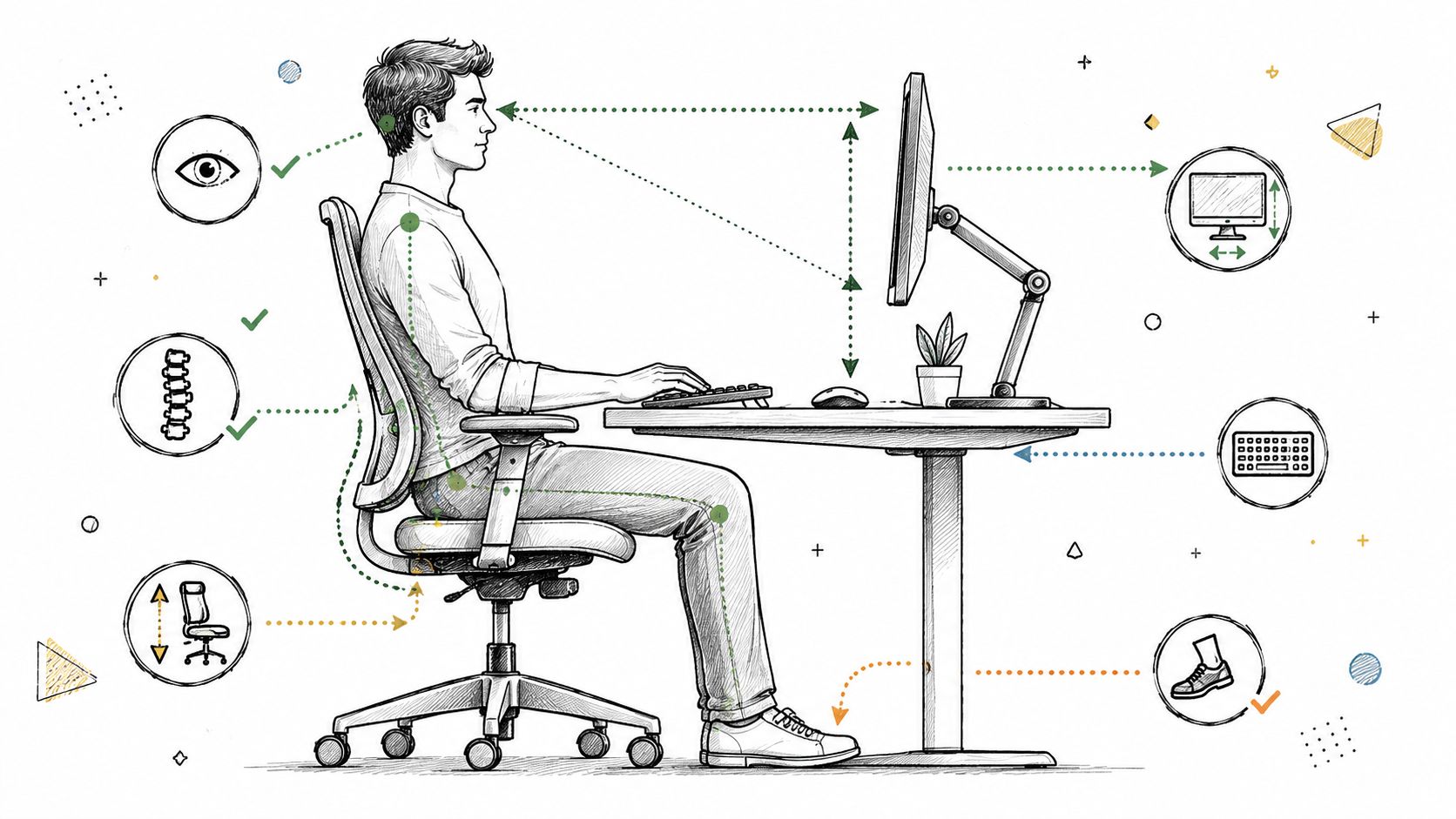 A line art illustration showing the proper ergonomic posture for a person working at a home office desk.