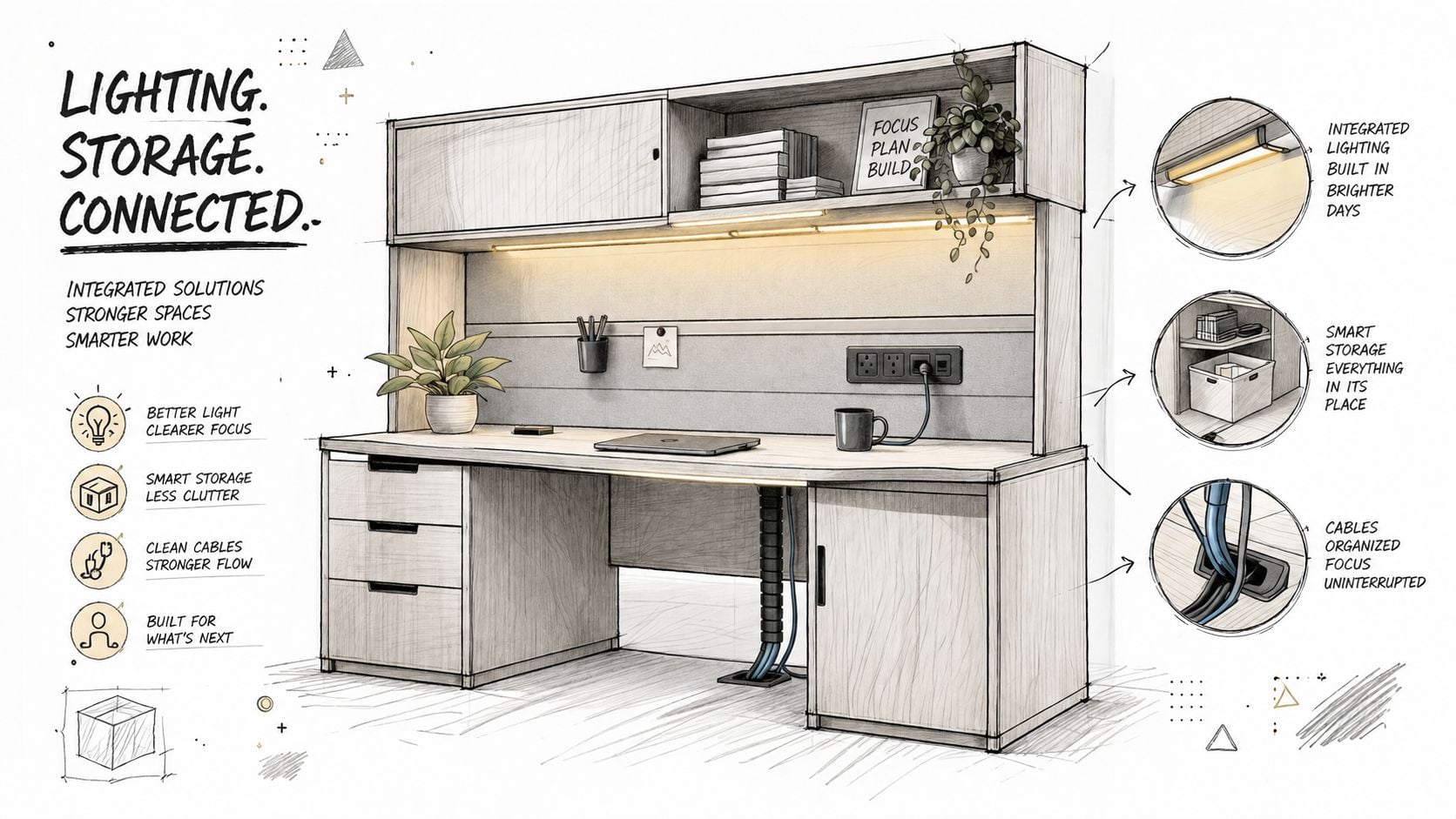A detailed sketch of a modern home office desk featuring integrated lighting, storage solutions, and cable management.