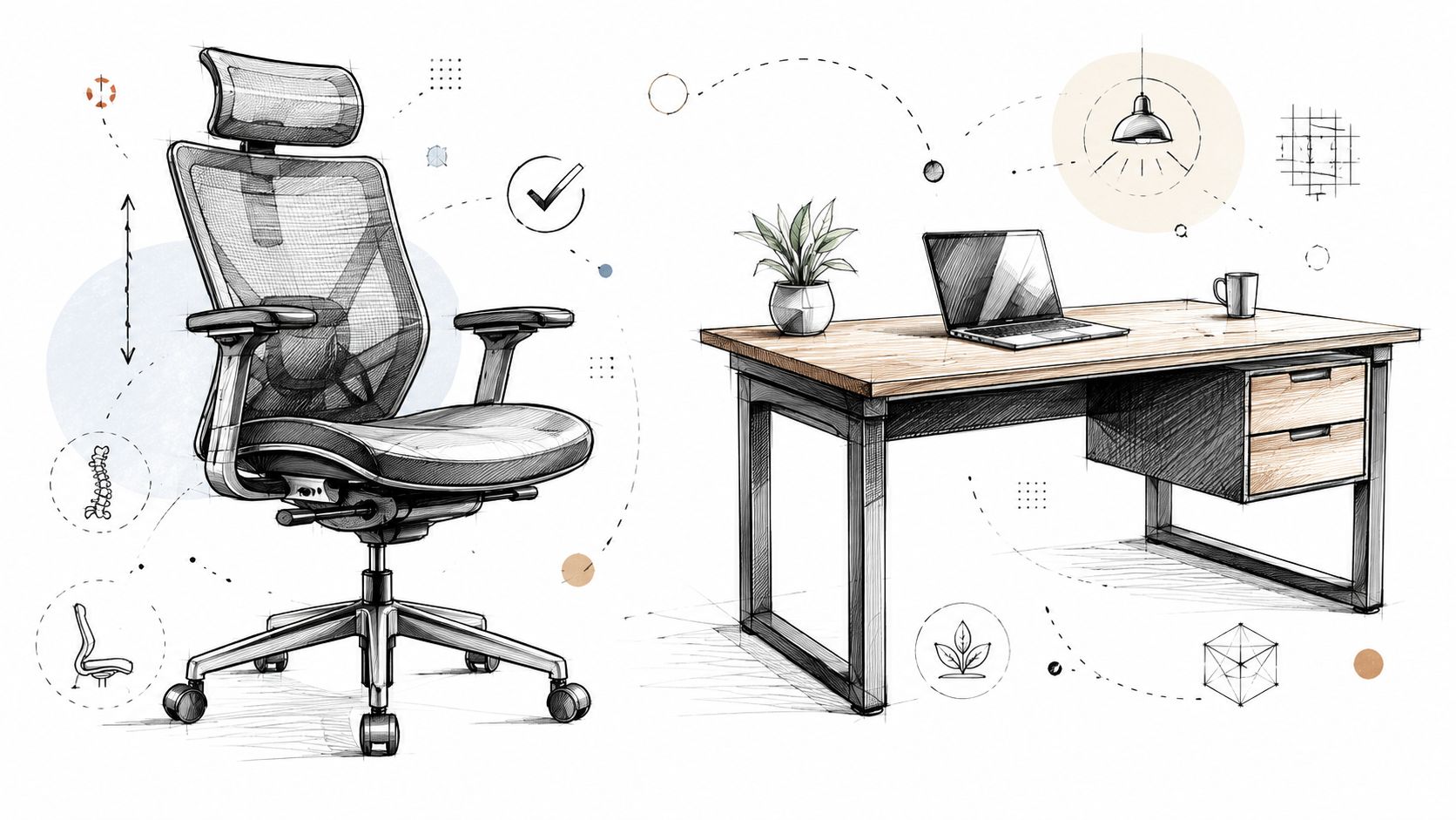 A professional sketch of an ergonomic office chair and a wooden desk with a laptop setup.